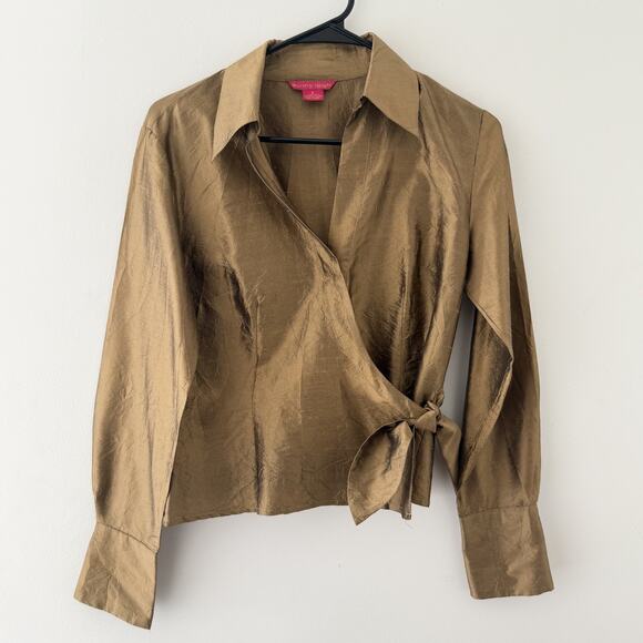 Sunny Leigh Silk Wrap Top Size 6 Metallic Gold - Picture 1 of 10